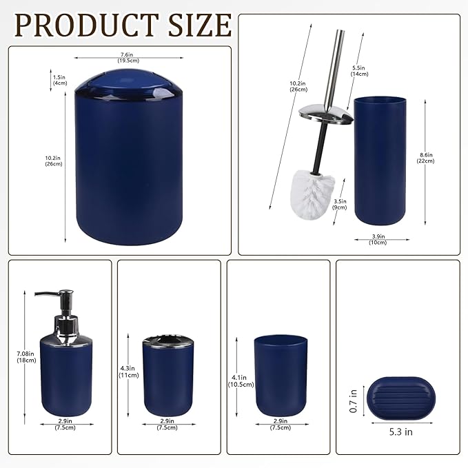 CERBIOR Bathroom Accessories Set 6 Piece Bath Ensemble Includes Soap Dispenser, Toothbrush Holder, Toothbrush Cup, Soap Dish for Decorative Countertop and Housewarming Gift (Royal blue-6pcs)
