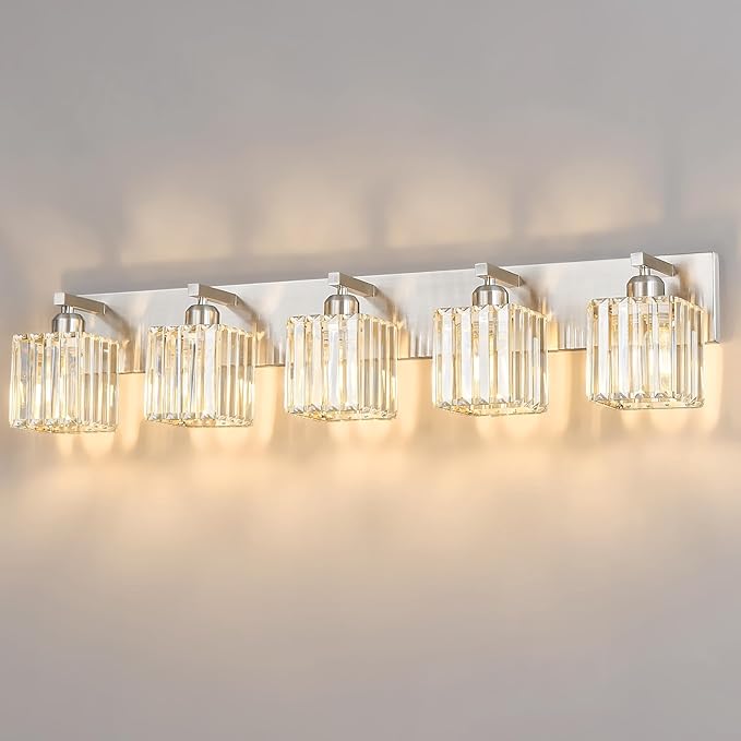 Modern Vanity Light 5-Lights Brushed Nickel Vanity Light Crystal Bathroom Wall Light Bathroom Light Fixtures