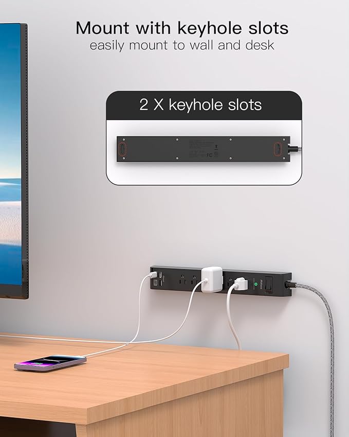 2 Pack Surge Protector Power Strip, 6 Outlets 4 USB Charging Ports, 12Ft Braided Extension Cord, Slim Flat Plug, Wall Mount, Desk Accessories, Home Office Essentials