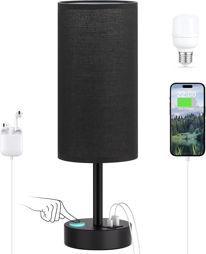 Dicoool Black Touch Bedroom Lamp with USB - 3 Way Dimmable Table Lamp for Bedroom, Nightstand Lamp with Black Charging Station for Desk Dorm, Office, Boy Kids Room, Small