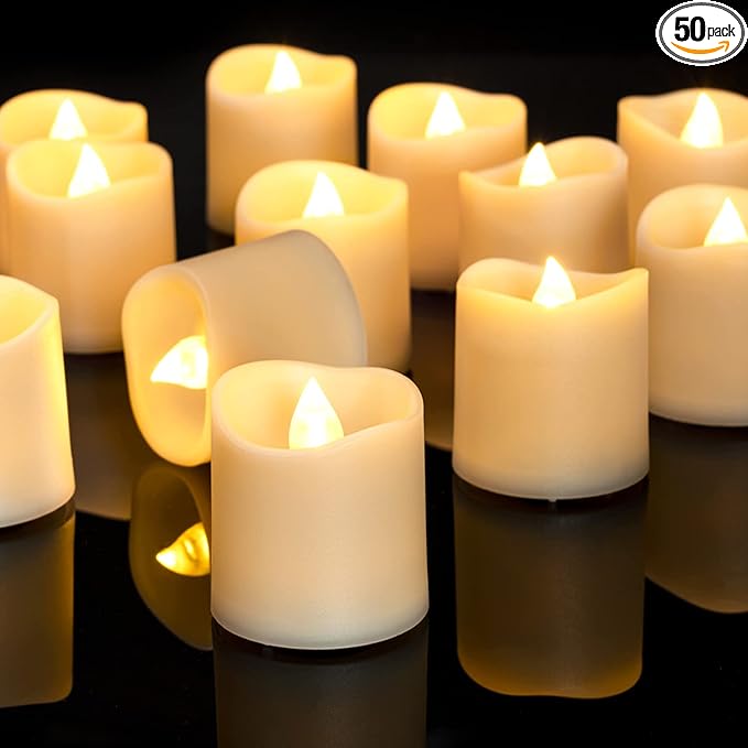 Homemory 50Pack Flameless LED Votive Candles, 200+Hour Lasting Electric Fake Candles, Battery Operated Tealights in Warm White for Wedding, Proposal Anniversary, Romantic Decor (Ivory Base)
