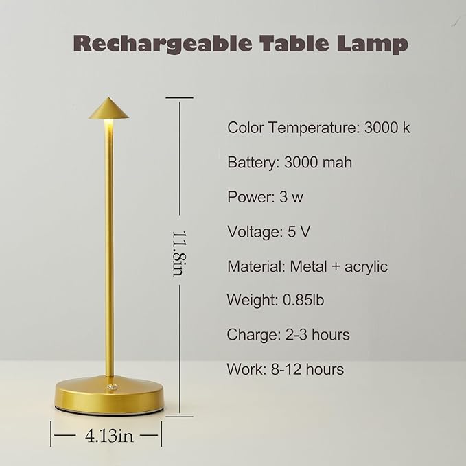 Rechargeable Cordless Table Lamp,Small Table Lamp,Portable LED Touch 2 Levels Brightness Dimmable Bar Lamp,Battery Powered Desk Lamp for Bars,Restaurant,Living Room(Gold)