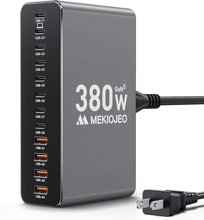 Aluminum Alloy 380W Charging Station Fast USB C Charger Block 12 Ports 65W Laptop GaN Charger for MacBook Pro/Air/iPad Pro/iPhone (Gray)