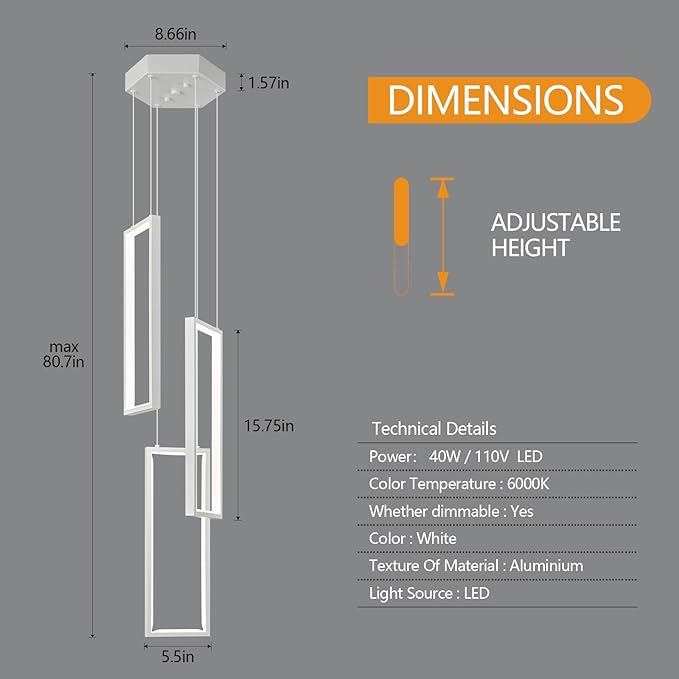 Modern Kitchen Pendant Light Fixture White 40W LED Pendant Light 3 Rings Rectangle Chandelier Pendant Lighting for Kitchen Island Living Room Dining Room Bedroom