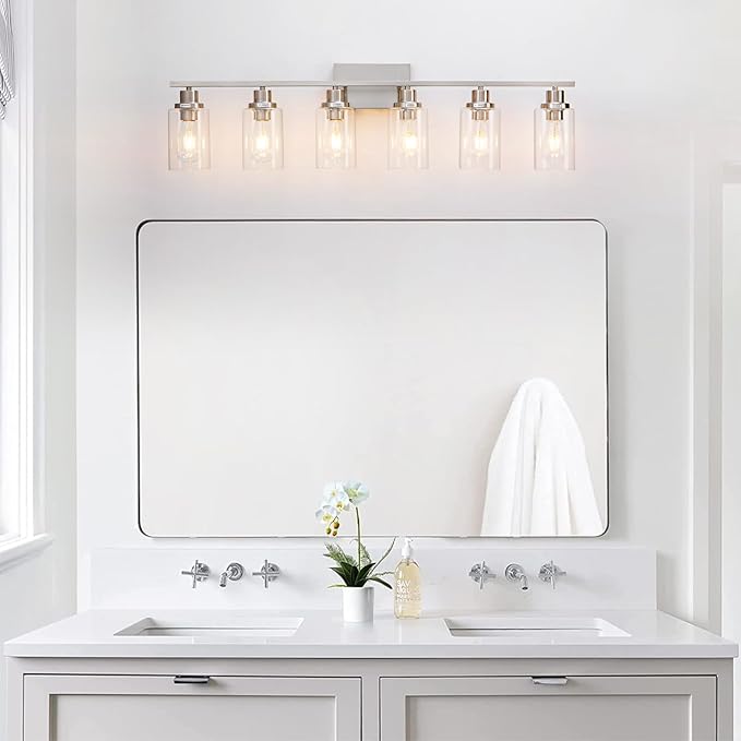 6 Light Bathroom Light Fixtures Brushed Nickel Vanity Light Over Mirror Modern Farmhouse Wall Lighting Sconces Wall Lamp for Bathroom, Bedroom, Living Room E26 Socket with Glass Shade