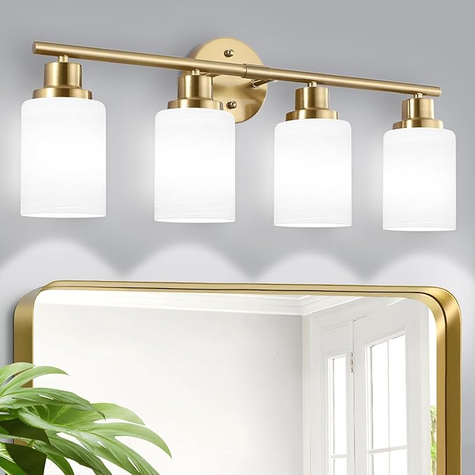 4-Light Vanity Lights, Brushed Gold Bathroom Light Fixture with Striped Textured Milky White Glass Shade, Modern Vanity Lighting Fixture for Bathroom Wall Light Over Mirror, E26 Wall Sconce