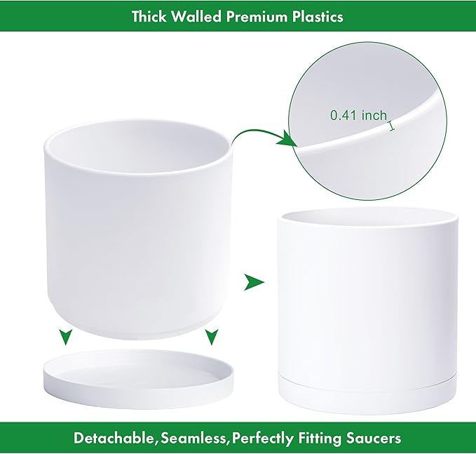 D'vine Dev 16 Inch White Plastic Planter Pots for Plant Pot with Drainage Hole and Seamless Saucers, 74-X-A-5
