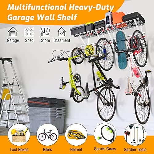 PLKOW Garage Wall Shelving 4-Pack Includes Bike Hooks, Sturdy Adjustable Garage Shelving Wall Mount Wall Organizer (Black, 4-Pack)