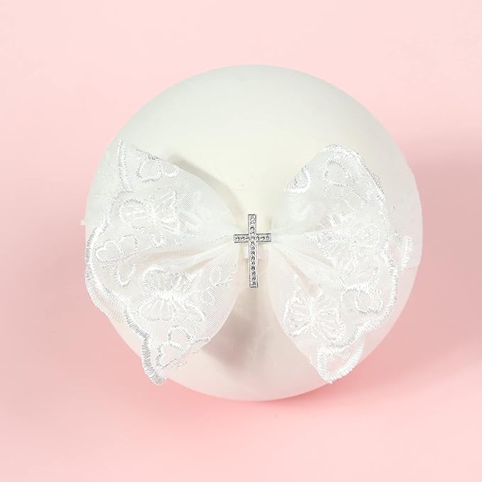BBTDIN Baptism Christening Headbands Baby Girls Flower Lace Hair Hand White Bow BBG11 (B1-Bow with Cross)