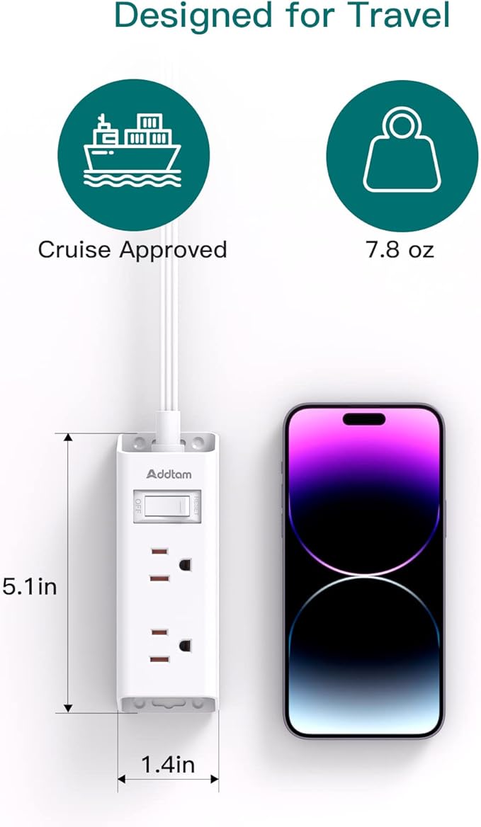 Cruise Ship Essentials, Flat Plug Power Strip, Addtam 1 ft Ultra Flat Extension Cord with 6 Outlets Extender, No Surge Protector for Cruise Ship, Travel, Dorm, Home Office, ETL Listed