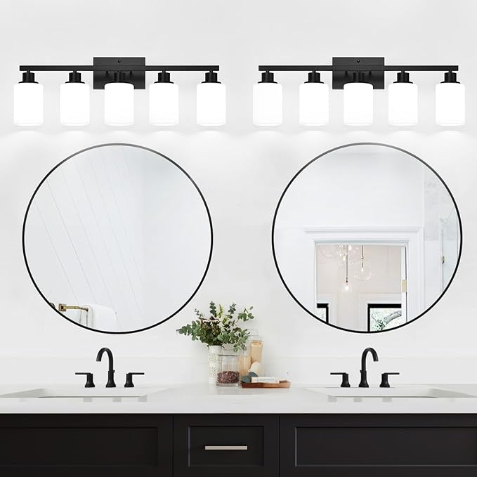 5-Light Bathroom Light Fixtures, Vanity Light with Milky White Shades, Matte Black Bathroom Light Fixtures Over Mirror, Modern Bathroom Wall Lamp for Mirror Living Room Cabinet Bedroom