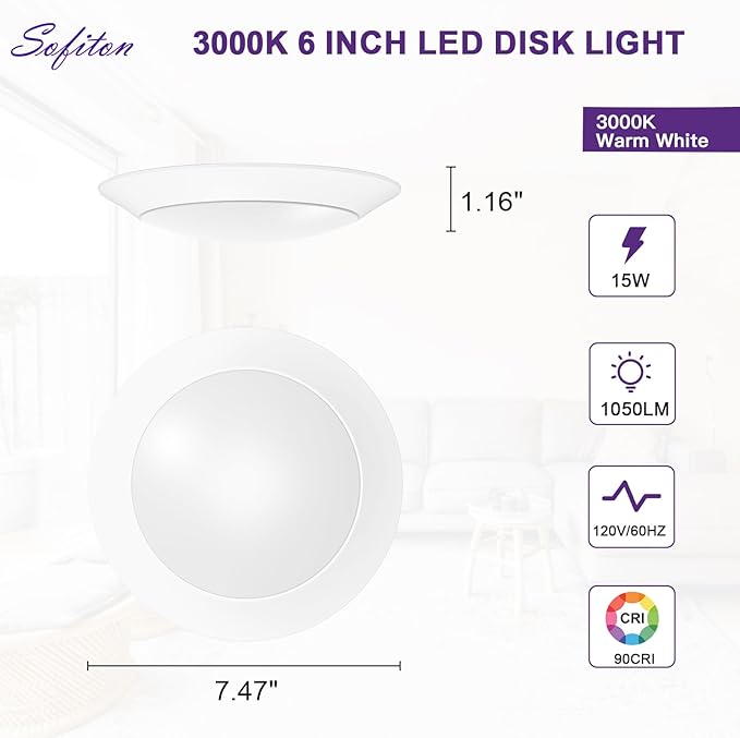 LED Disk Lights 6 Inch, 15W Surface Mount LED Ceiling Light 1050LM, 3000K, 120V, Dimmable, CRI90+, Flush Mount Disc for Kitchen, Closets, Bathroom, ETL Listed, 18Pack