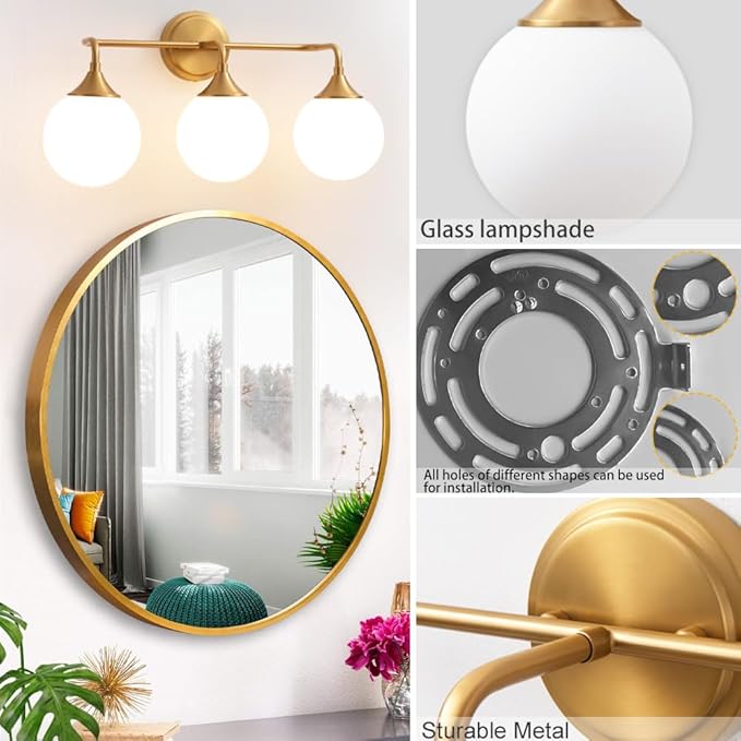 Gold Bathroom Light Fixtures, Modern Vanity Lighting Over Mirror, Mid Century Brushed Brass Wall Sconce 3-Light with Milky White Glass Ball Shades