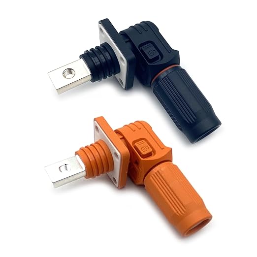 300A Battery Energy Storage Connector, 95mm² High Current Connectors IP67 Waterproof Copper Brand Thread Wiring Power Adapter Quick Plug Terminal Right Angle Plug and Socket (1500V Black+Orange)