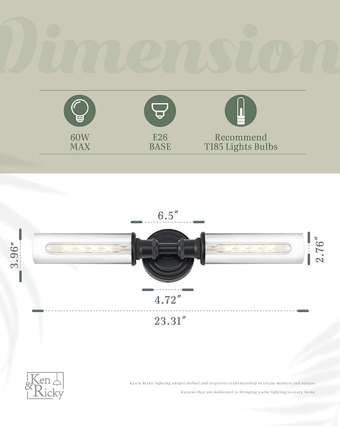 Ken & Ricky 24" Bathroom Light Fixtures, Black Wall Sconce with Clear Glass Shade, Bathroom Vanity Lights Over Mirror for Living Room Bedroom Kitchen Hallway, KR3376-W-BK-1PK