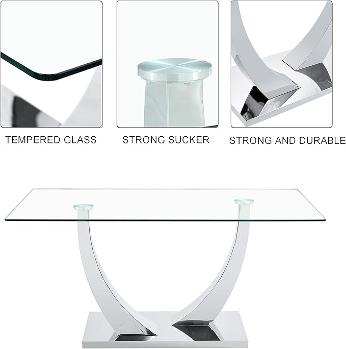 Modern Dining Table Set for 4,Dining Room Table Set for 4,Kitchen Table Set with 4 PU Leather Chairs,63'' Glass Dining Table Set with Silver U-Shaped Table Legs and Rectangular Base