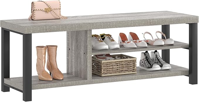 FOLUBAN Shoe Storage Bench, Rustic Wood Entryway Bench for Hallway Entrance, Vintage Indoor Bench with Shoe Storage and Seating for Bedroom Living Room, Light Grey, 47 Inch