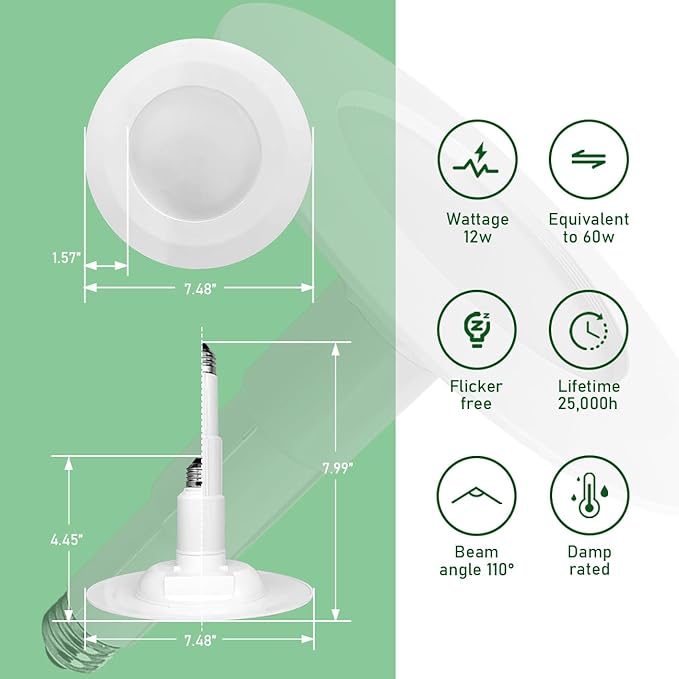 Soliseed 4 Pack 5/6 Inch LED Can Lights Length Adjustable Recessed Lights,Retrofit Downlight ETL Damp Rated,12W=60W,5000K Daylight,800LM, Dimmable,Bevel Trim,Easy Install