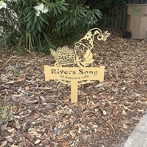 RealSteel Garden Gnome Monogram Yard Sign - Customizable Metal Sign with Gnome & Wheelbarrow Design - Personalized Name & Text (Gold, 14" x 20")