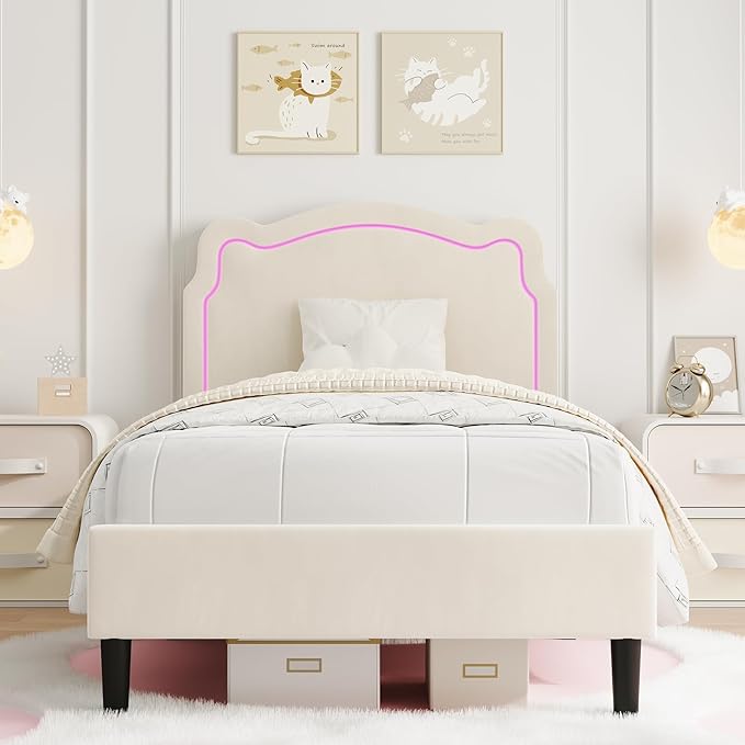 GarveeHome Twin Upholstered Smart LED Bed Frame with Headboard, Velvet Princess Platform Bed Frame for Kids, Wooden Slats Support, No Box Spring Needed (Beige)