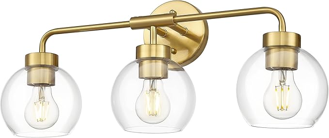 zeyu 3-Light Modern Vanity Light Fixture, 23 Inch Bathroom Light Fixtures Wall Mount with Clear Glass Globe Shade, Brushed Gold Finish, ZS62BG-3W BG