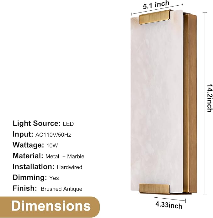 14.2in Alabaster Wall Sconces, Large Natural Marble Wall Sconces Set of Two, LED Modern Wall Lamp for Bedroom, Stairs, Living Room, Vanity, Bedside, Hallway （Brushed Bronze 12W）