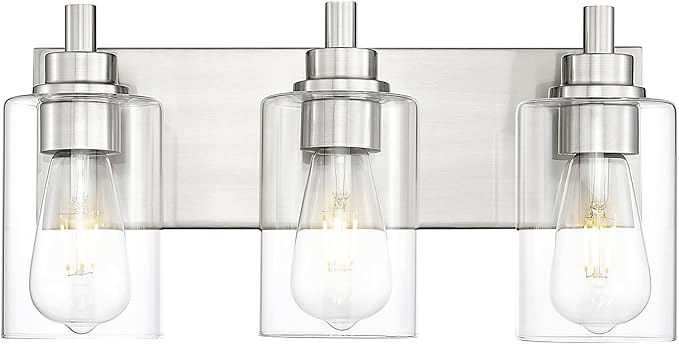 3-Light Bathroom Light Fixtures, Brushed Nickel Vanity Light with Cylinder Clear Glass Shade, Modern Vanity Lighting Fixtures Over Mirror, VL143-BN-3