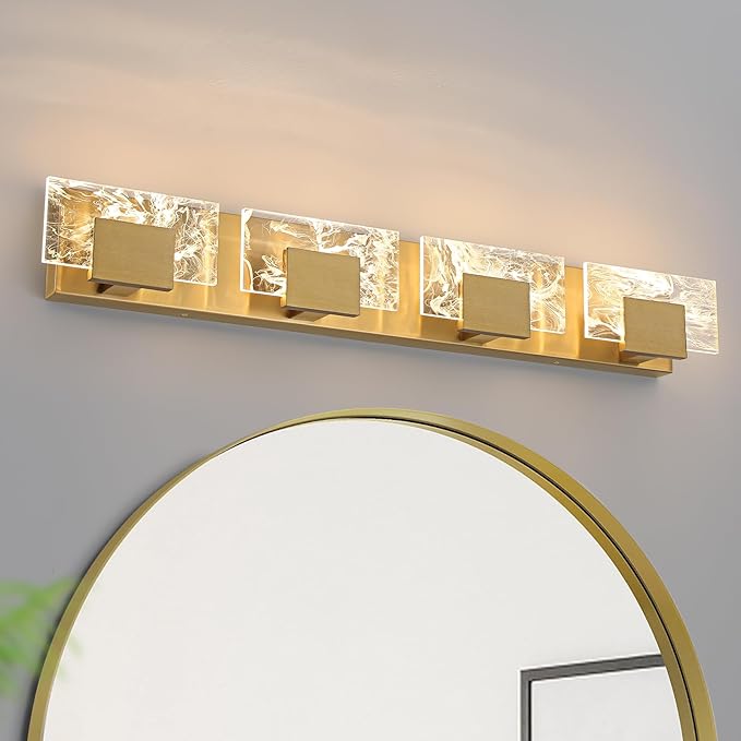 LED Bathroom Vanity Light: 32 inch Brushed Gold Acrylic Modern Lighting Fixtures - 4 Lights Contemporary Smoke Design Wall Lights Fixture Over Mirror 3000K