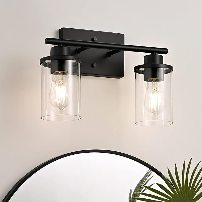 EDISHINE Bathroom Light Fixtures, 2-Light Bathroom Vanity Light with Clear Glass Shades, Matte Black Vanity Lights, Vintage Wall Sconces for Bedroom Living Room Hallway, E26 Base (Bulbs Not Included)
