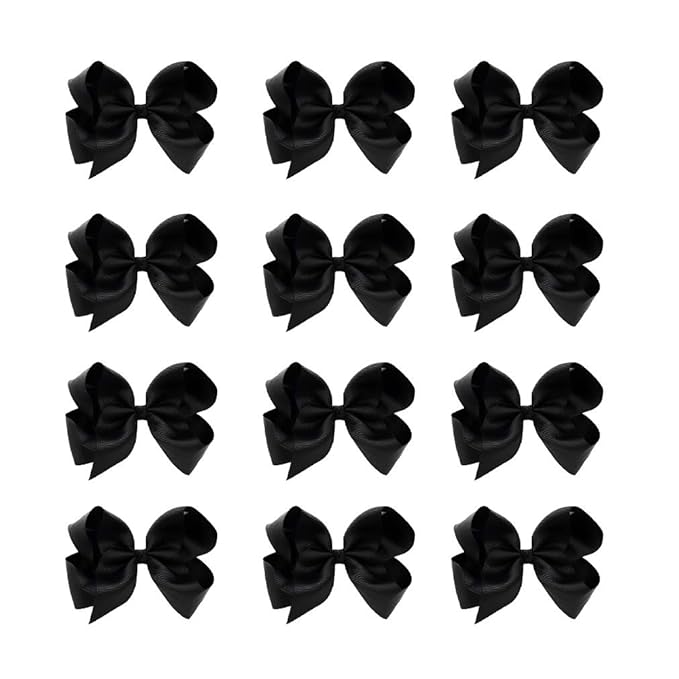 DEEKA 12 PCS 6" Big Hand-made Grosgrain Ribbon Hair Bow Alligator Clips Hair Accessories for Little Teen Toddler Girls - Black