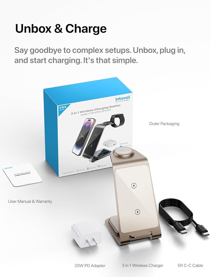 Intoval Aluminum 3 in 1 Wireless Charging Station for iPhone 17 16 15 14 13 12 11 Pro Max XR, Wireless Charger for Apple Watch 11 10 9 8 7 Ultra SE 3 2, Phone Charger for AirPods 4 Pro 2 3 (Desert)