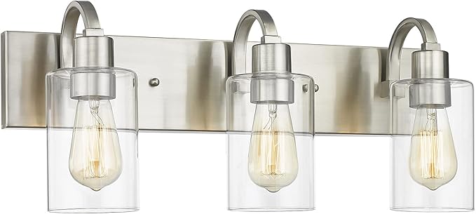 Emliviar 3-Light Vanity Light Fixture - Modern Bathroom Light Fixtures Over Mirror, Brushed Nickel Finish with Clear Glass, YCE237B-3W BN
