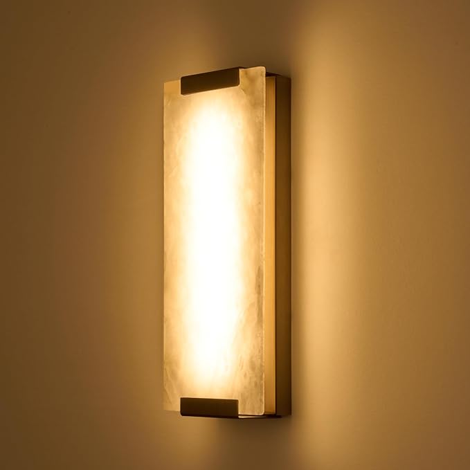 14.2in Alabaster Wall Sconce, Large Natural Marble Wall Light Decor, LED Modern Wall Lamp for Bedroom, Stairs, Living Room, Vanity, Bedside, Hallway （Brushed Bronze 12W）