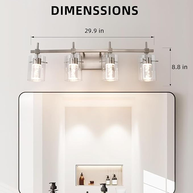 Bathroom Light Fixtures 4-Light, Brushed Nickel Vanity Light Over Mirror Dimmable 3 Color (3000K/4000K/6000K), Eye Protection LED Bathroom Lights Wall lamp Over Mirror with Clear Glass Shade