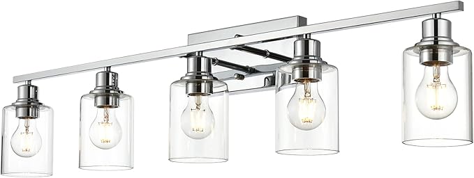 VINLUZ 5 Light Bathroom Lighting Fixture in Chrome Finish,Contemporary Indoor Wall Lights with Clear Cylinder Glass Shade Classic Vanity Light for Stair Entryway Hallway