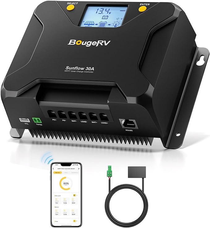 BougeRV MPPT Solar Charge Controller 30A, w/ Low-Temp Cut-Off, APP Control, Backlit LCD, 30 Amp Solar Panel Regulator 12V/24V for LiFePO4, SLD, Gel, FLD, AGM Battery, RV, Marine, Upgraded