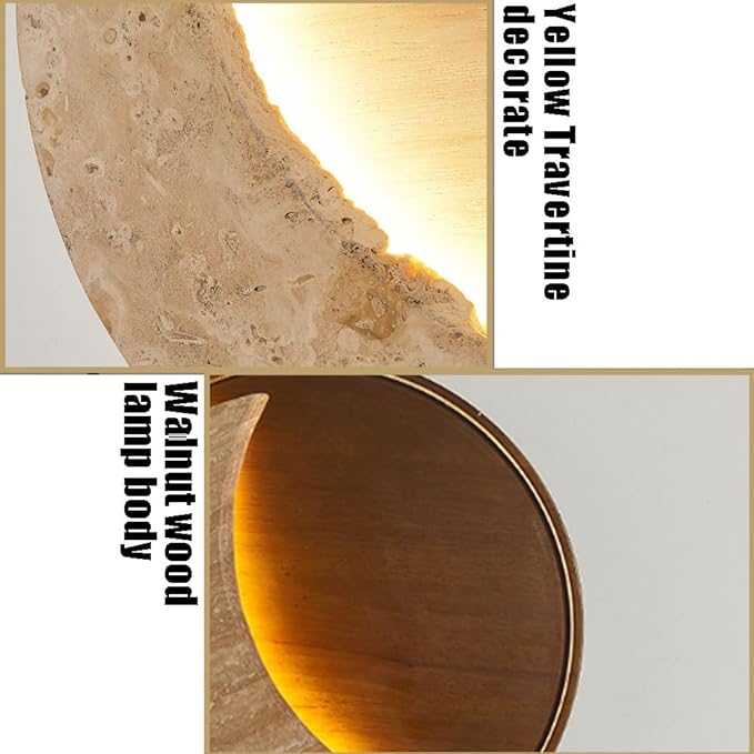 14.1 Inch Round Wood Wall Light, Industrial Style Natural Yellow Travertine Wall Lamp, Hardwired Interior Wall Sconces, Bedroom Living Room Wall Mounted Lighting Fixtures