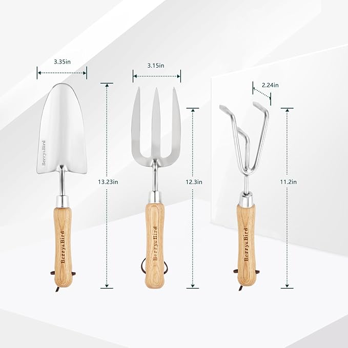 Berry&Bird Garden Tool Set 3 Pieces Stainless Steel Heavy Duty Gardening Kit Includes Hand Trowel, Hand Cultivator and Hand Fork with Wood Handle for Weeding Transplanting Digging, Ideal Garden Gifts