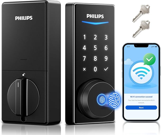 Philips Built-in WiFi Smart Lock, Keyless Entry Door Lock with App, Touchscreen, Indicator Light, Fingerprint Door Lock — Compatible with Alexa & Google, Splash-Proof Design, Includes 8 Batteries