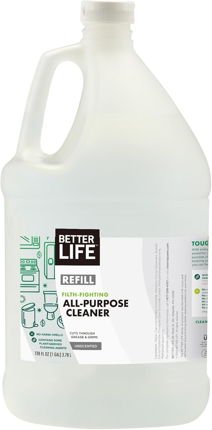 Better Life All Purpose Cleaner - Multipurpose Home and Kitchen Cleaning Spray for Glass, Countertops, Appliances, Upholstery & More - Multi-surface Spray Cleaner - 1 Gal Refill Unscented