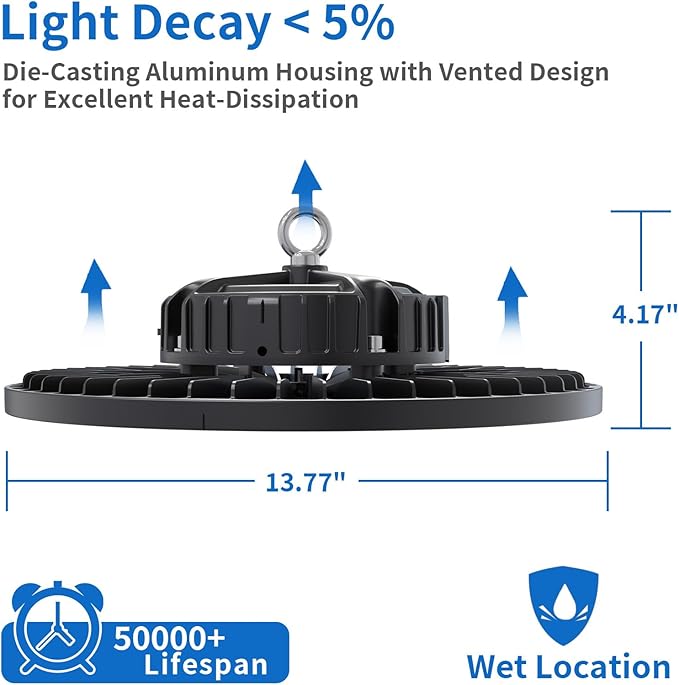 6 Pack UFO LED High Bay Light 250W, 35000 LM, 5000K with 5ft Power Cord, US Plug, Bright LED Shop Light for Basement Commercial Factory Garage Lighting, IP66 Waterproof, AC110-277V, ETL Listded