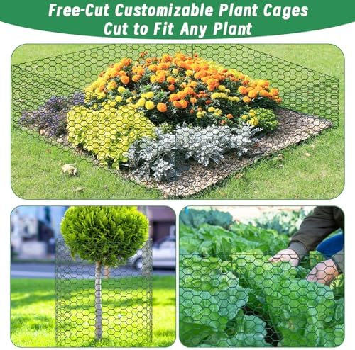Plant Protectors from Animals, 16.4 x 16In Green PVC Coated Galvanized Chicken Wire Mesh Roll, 0.8mm Free-Cut Plant Cage with Ties, Stakes, Gloves, Pliers & Floral Wire (33Ft*20In)