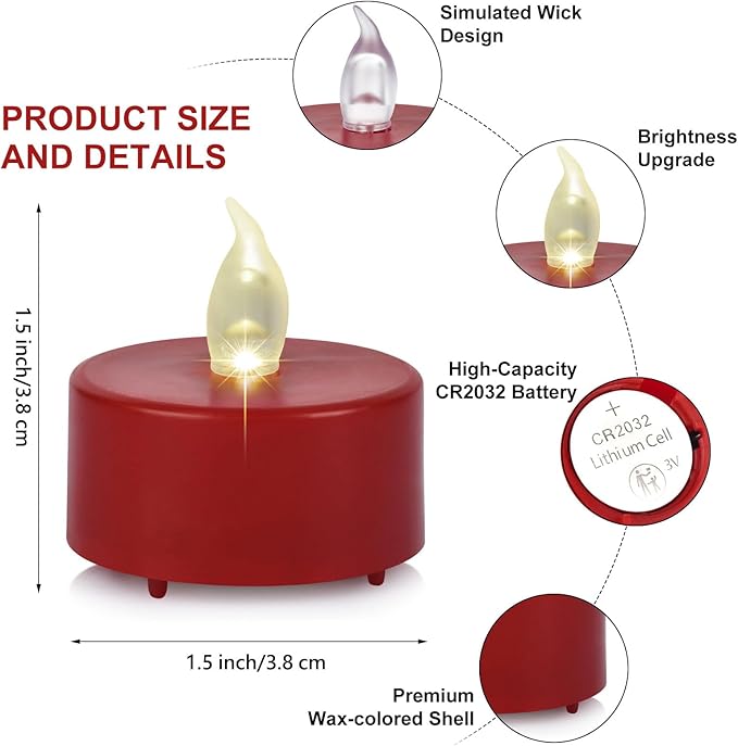 Battery Operated Tea Lights Candles, Flameless Flickering Led Electric Fake Candle, 24 Pack Realistic Votive Tealights, Long Lasting 200+Hours, for Wedding Party Home Decoration (Red)