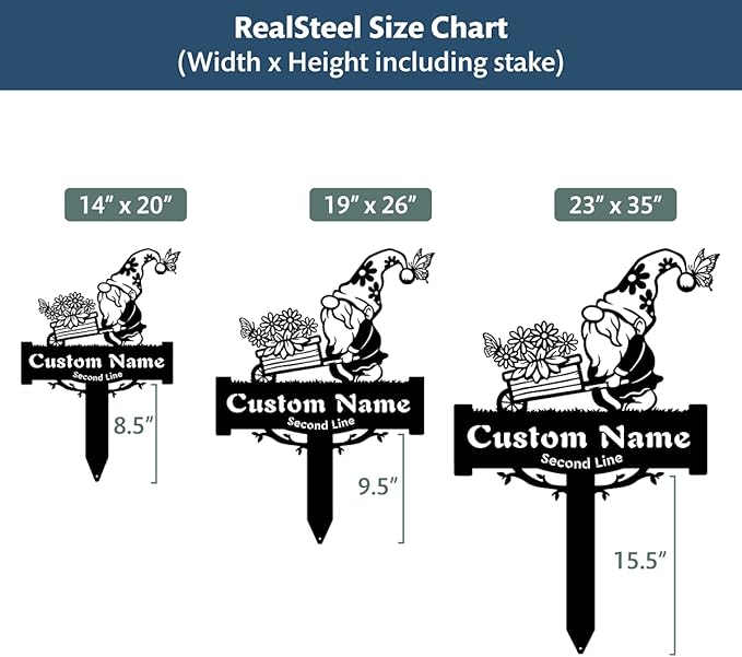 RealSteel Garden Gnome Monogram Yard Sign - Customizable Metal Sign with Gnome & Wheelbarrow Design - Personalized Name & Text (Penny Vein, 14" x 20")