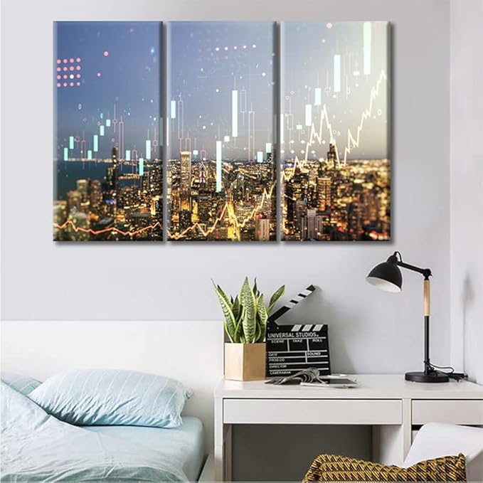 TUMOVO Abstract Virtual Financial Graph Hologram Pictures Wall Decor 3 Panels Chicago Cityscape Background Financial and Trading Concept Paintings Posters and Prints Framed Ready to Hang (36" Wx24 H)