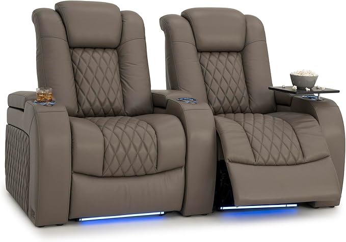 Seatcraft Diamante Zero-Gravity CoolZero Italian Leather Home Theater Seating, Power Headrest, Power Recline, Row of 2, Gray