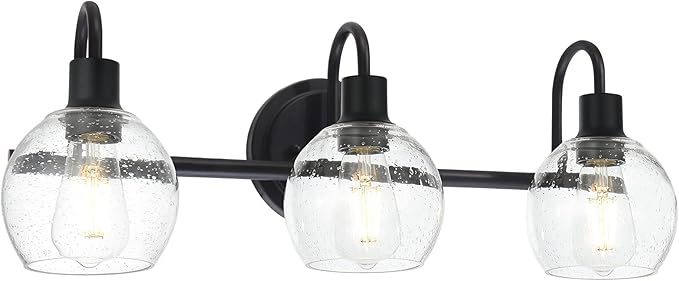 Modern 3-Lights Black Vanity Light Fixtures Farmhouse Metal Bathroom Lighting with Seeded Globe Glass for Hallway Kitchen Over Mirror Bedroom