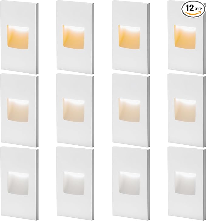 FTL 12-Pack Step Lights Indoor Outdoor Stair Lights LED Dimmable, 120V 3 Color Changing 3000K/4000K/5000K Deck Step Light 150LM 3.5W, White Vertical Waterproof Aluminum for Staircase