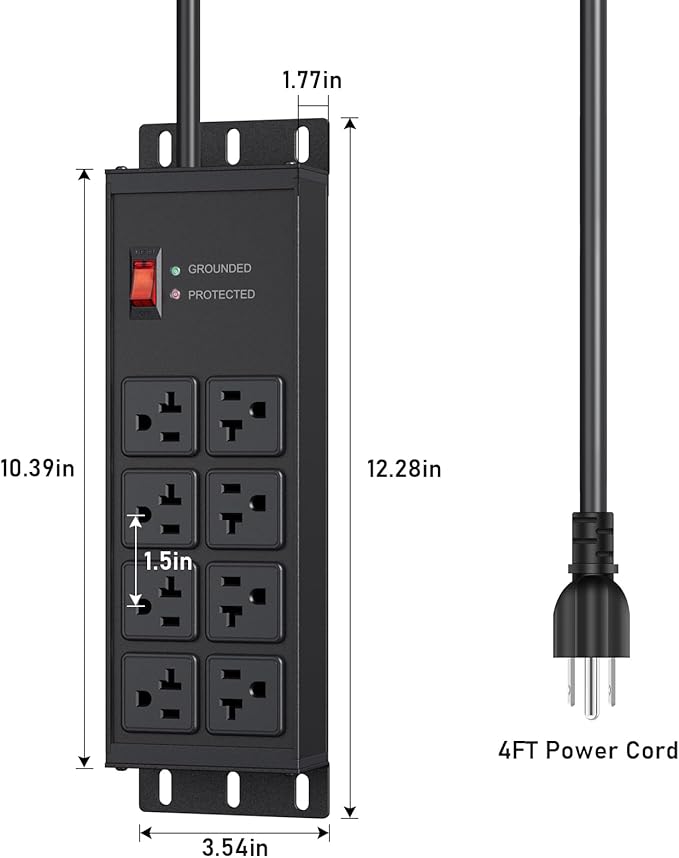JUNNUJ Heavy Duty 20 Amp Surge Protector 4800J, Garage Metal 8 Outlets 12 Gauge, High Amp 5-15P Adapter Shop 6-20R T-Slot Industrial Outlet, 4 FT Extension Cord Commercial for Appliance