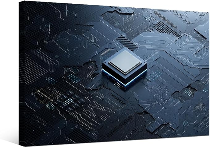 Office Wall Art AI Canvas Wall Art Central Computer Processors CPU Wall Decor Circuit Board Pictures Wall Art for Living Room Bedroom House Decorations Framed Ready to Hang 12x16 INCH